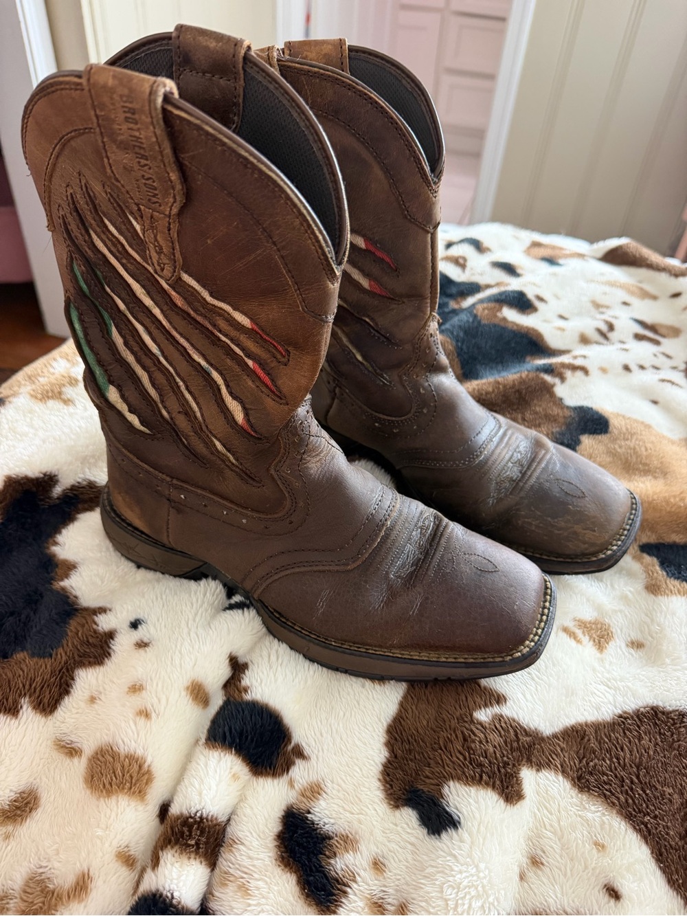 Brother Brown Leather Western Cowboy Boots with Multicolor Stitching